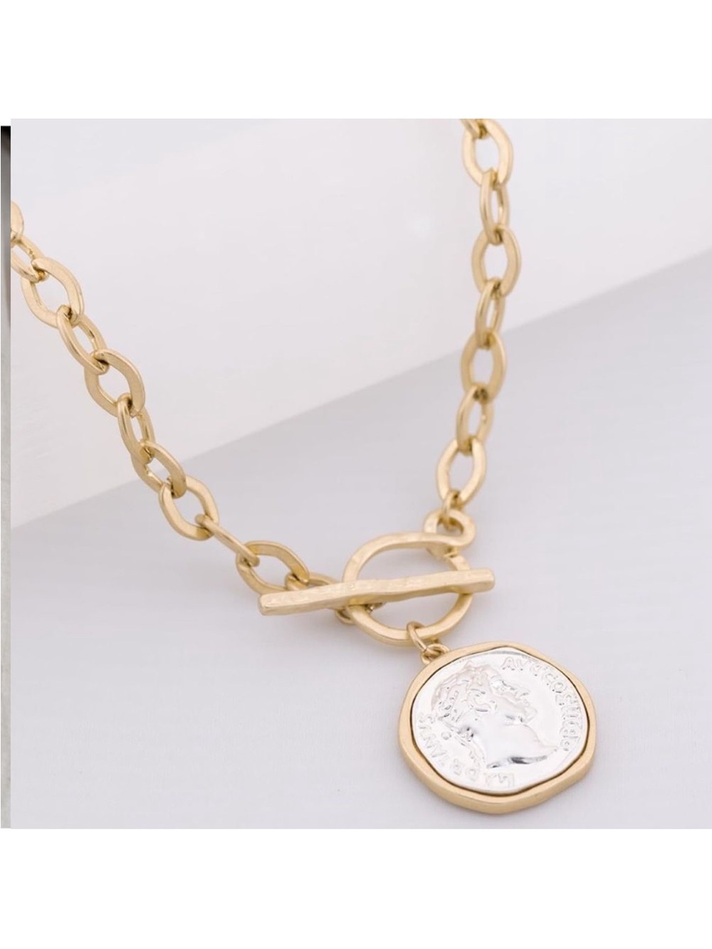 NEW 14k Gold Plated Vintage Matte Color Thick Link Chain Coin Pendant Necklace - Picture 2 of 4